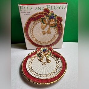 NIB 2003 Fitz & Floyd Christmas Plate Bells & Bow 9” Canapé Cookie Plate